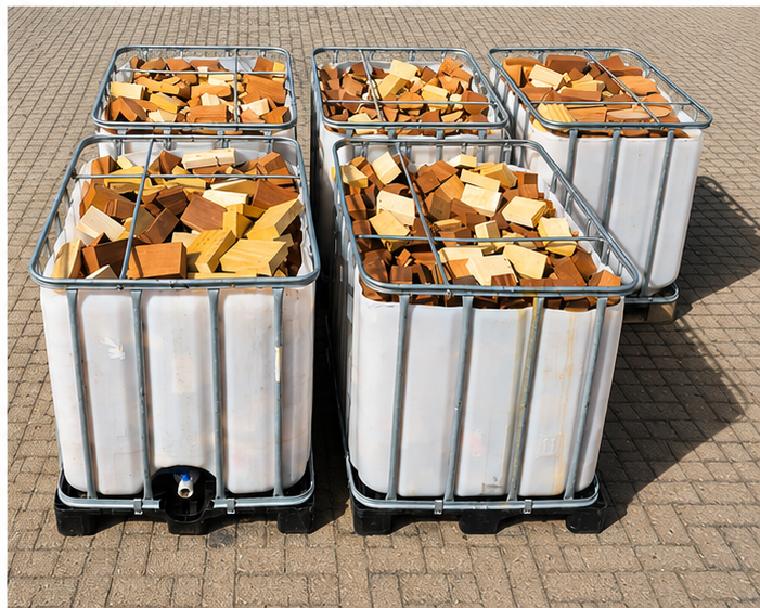 Container gevuld met blokken meranti hardhout